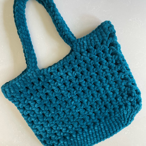 Teal Handmade Crochet Large Plush Tote Bag - Picture 1 of 10
